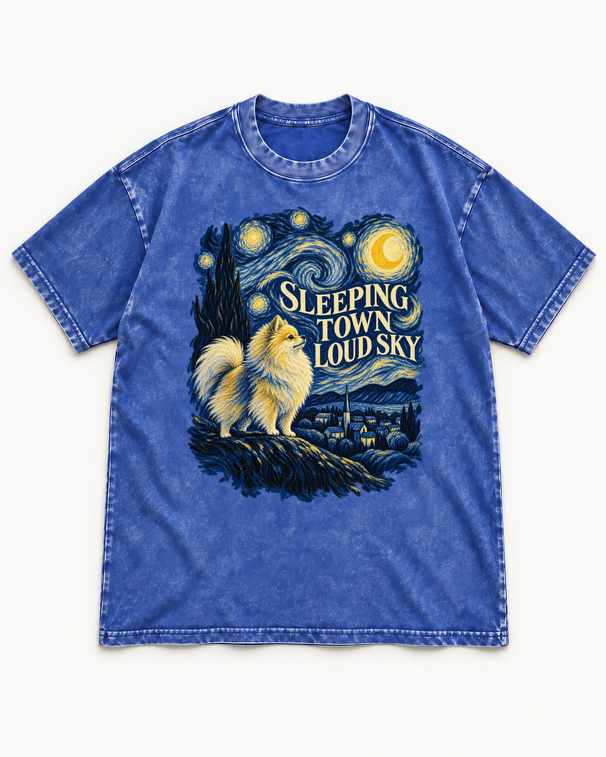 Pomeranian Sleeping Town Loud Sky Starry Night Graphic Washed Tee in Royal Blue, flat lay product photo