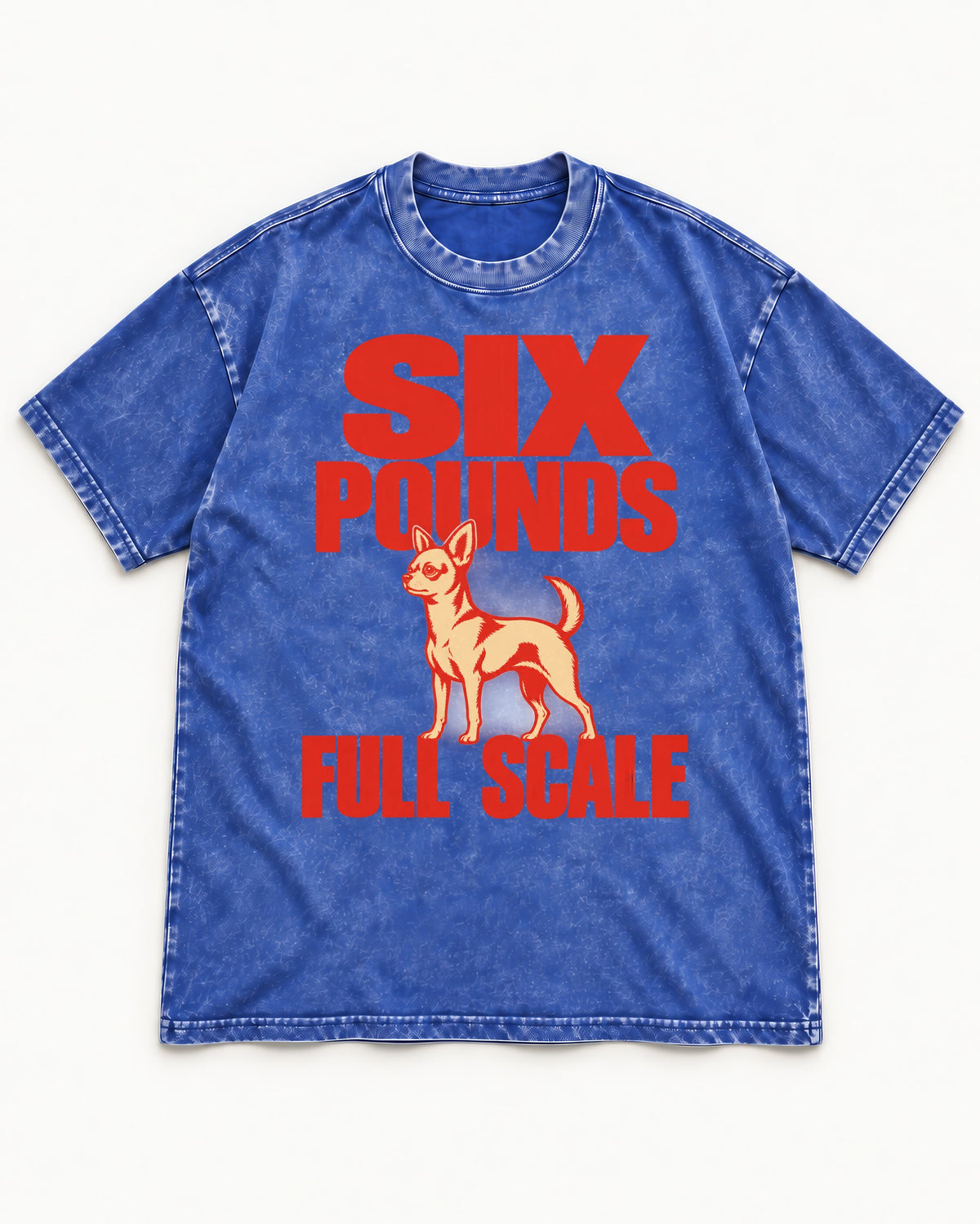 Chihuahua Six Pounds Full Scale Typographic Graphic Washed Tee in Royal Blue, flat lay product photo