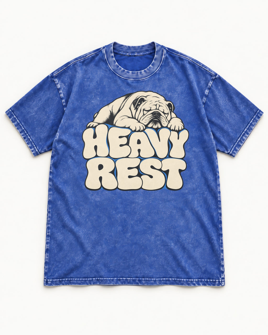 English Bulldog Heavy Rest Graphic Washed Tee in Royal Blue, flat lay product photo