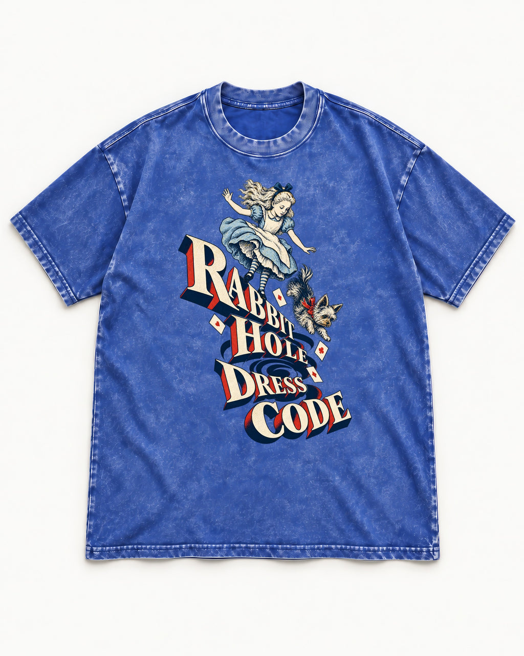 Yorkshire Terrier Rabbit Hole Dress Code Wonderland Graphic Washed Tee in Royal Blue, flat lay product photo