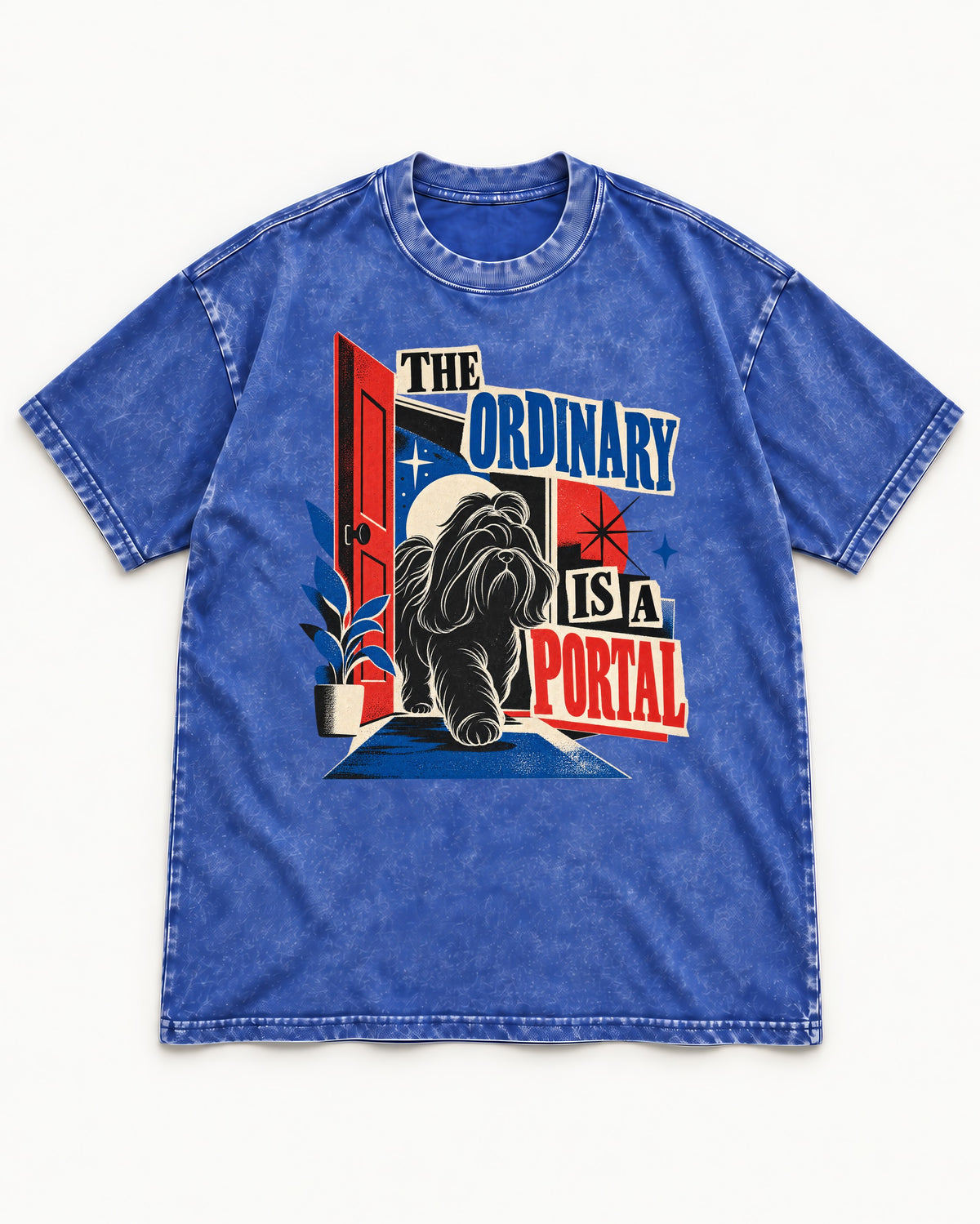 Shih Tzu The Ordinary Is a Portal Door Graphic Washed Tee in Royal Blue, flat lay product photo