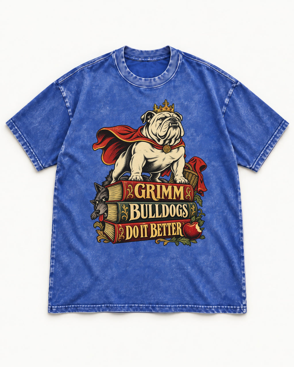 English Bulldog Grimm Bulldogs Do It Better Storybook Graphic Washed Tee in Royal Blue, flat lay product photo