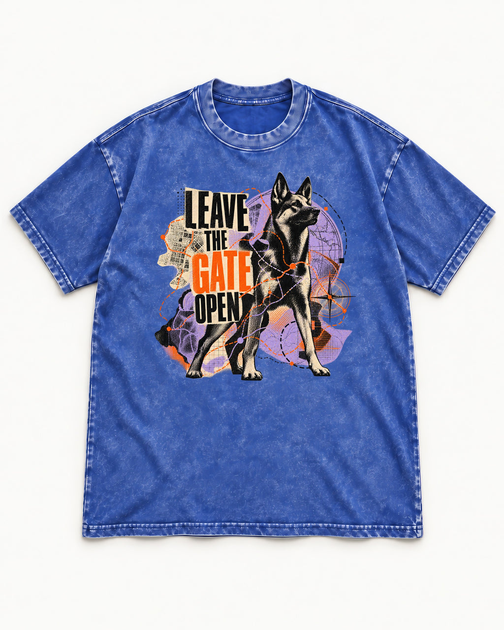 Leave The Gate Open Transit Collage German Shepherd Dog Graphic Washed Tee in Royal Blue, flat lay product photo