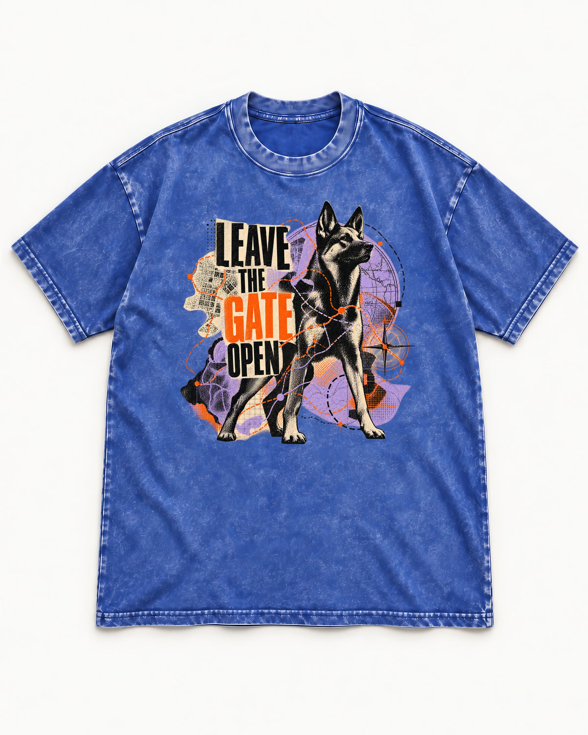 Leave The Gate Open Transit Collage German Shepherd Dog Graphic Washed Tee in Royal Blue, flat lay product photo