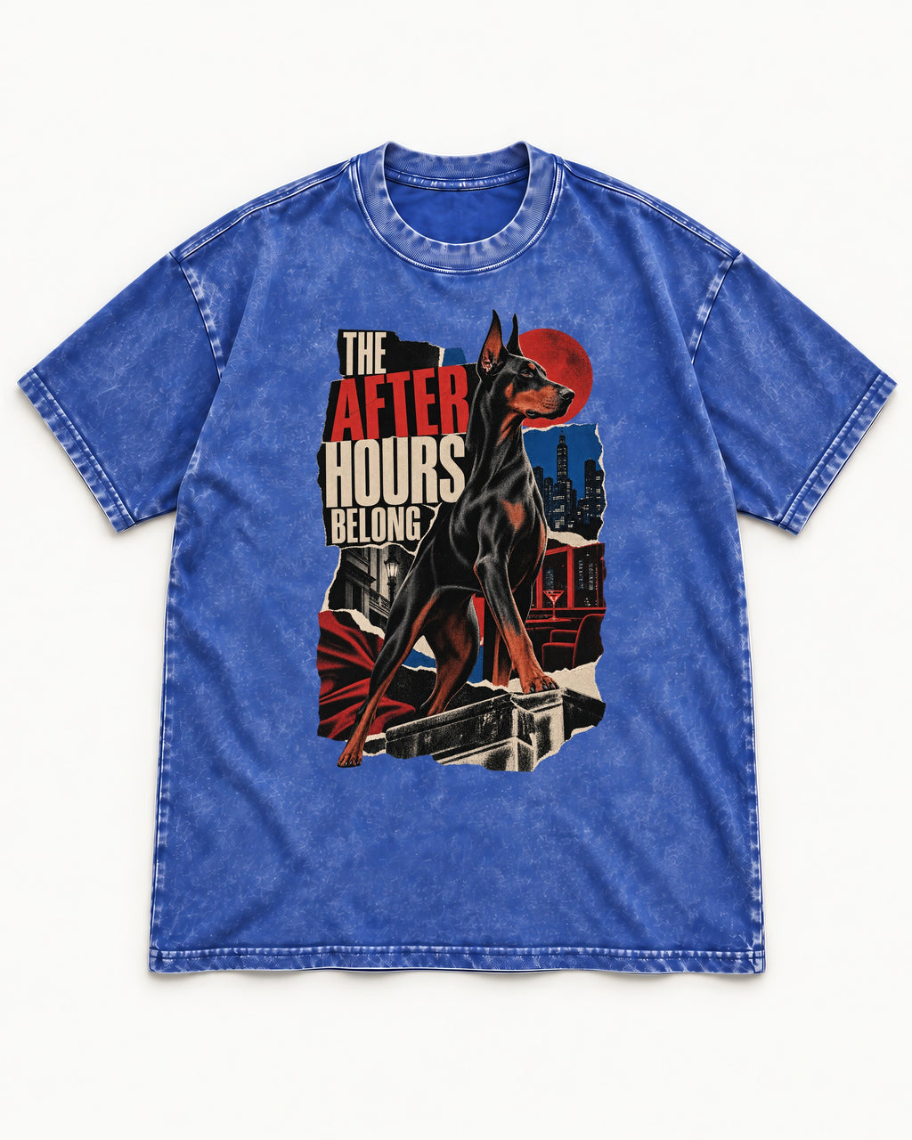 Doberman The After Hours Belong City Collage Washed Tee in Royal Blue, flat lay product photo