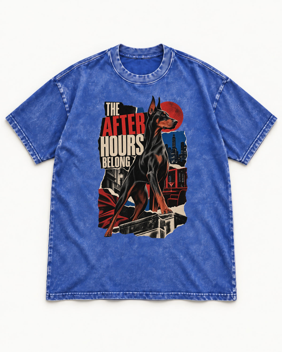 Doberman The After Hours Belong City Collage Washed Tee in Royal Blue, flat lay product photo