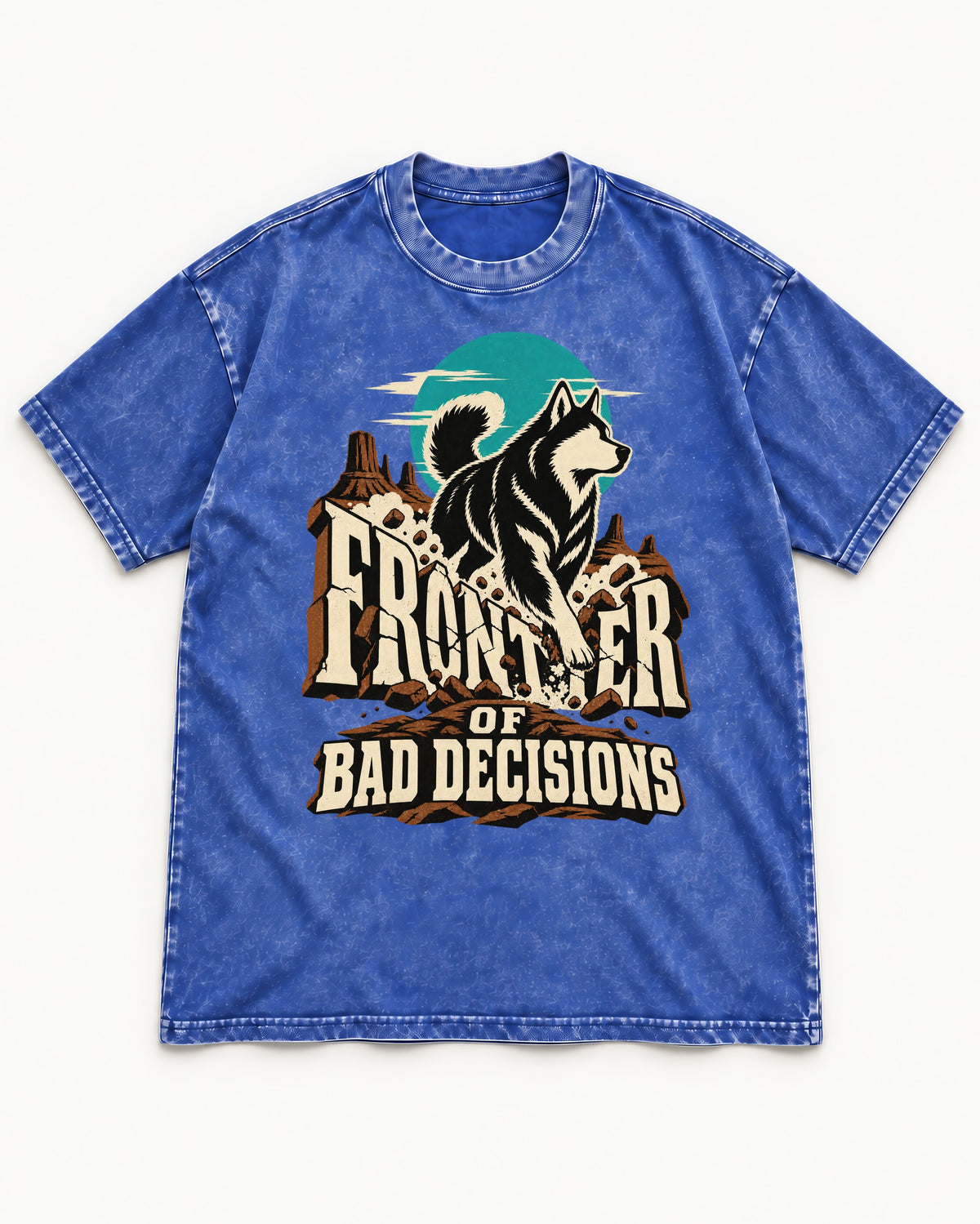 Husky Frontier of Bad Decisions Desert Graphic Washed Tee in Royal Blue, flat lay product photo