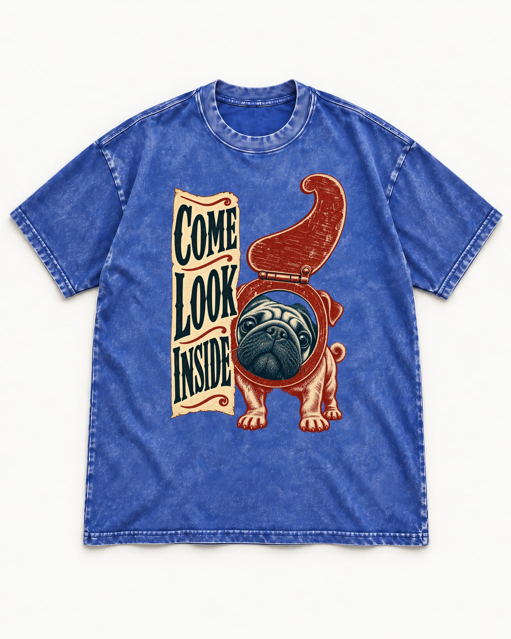 Pug Come Look Inside Toilet Seat Graphic Washed Tee in Royal Blue, flat lay product photo