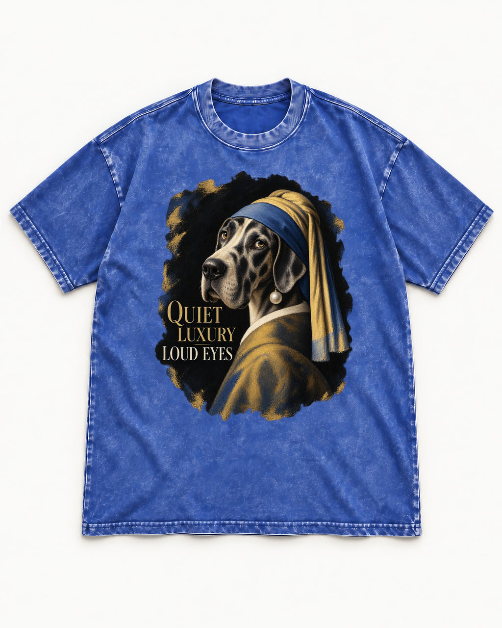 Great Dane Quiet Luxury Loud Eyes Pearl Portrait Graphic Washed Tee in Royal Blue, flat lay product photo