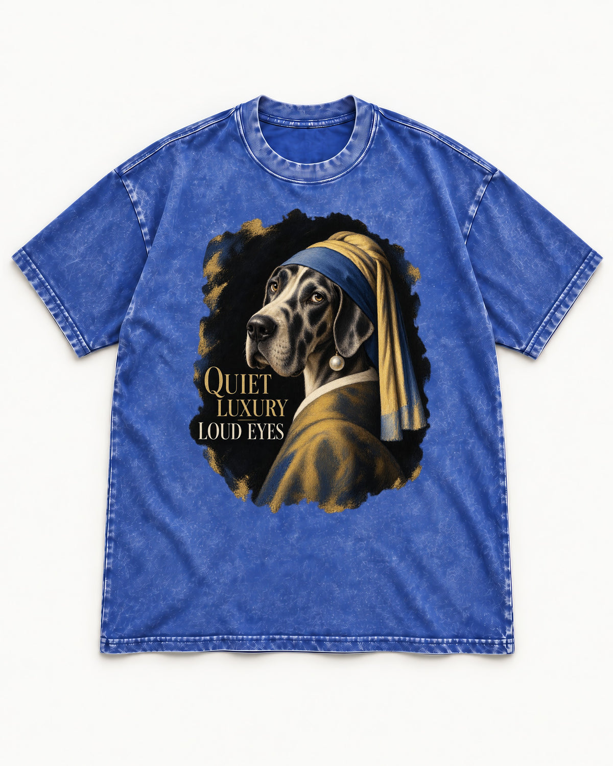 Great Dane Quiet Luxury Loud Eyes Pearl Portrait Graphic Washed Tee in Royal Blue, flat lay product photo