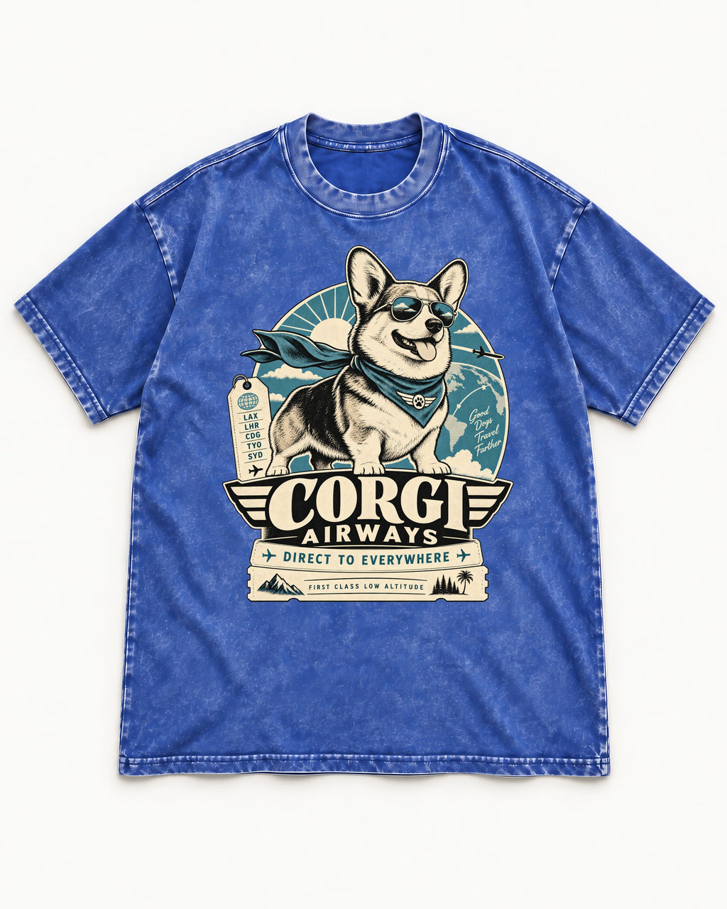 Corgi Airways Direct to Everywhere Badge Washed Tee in Royal Blue, flat lay product photo