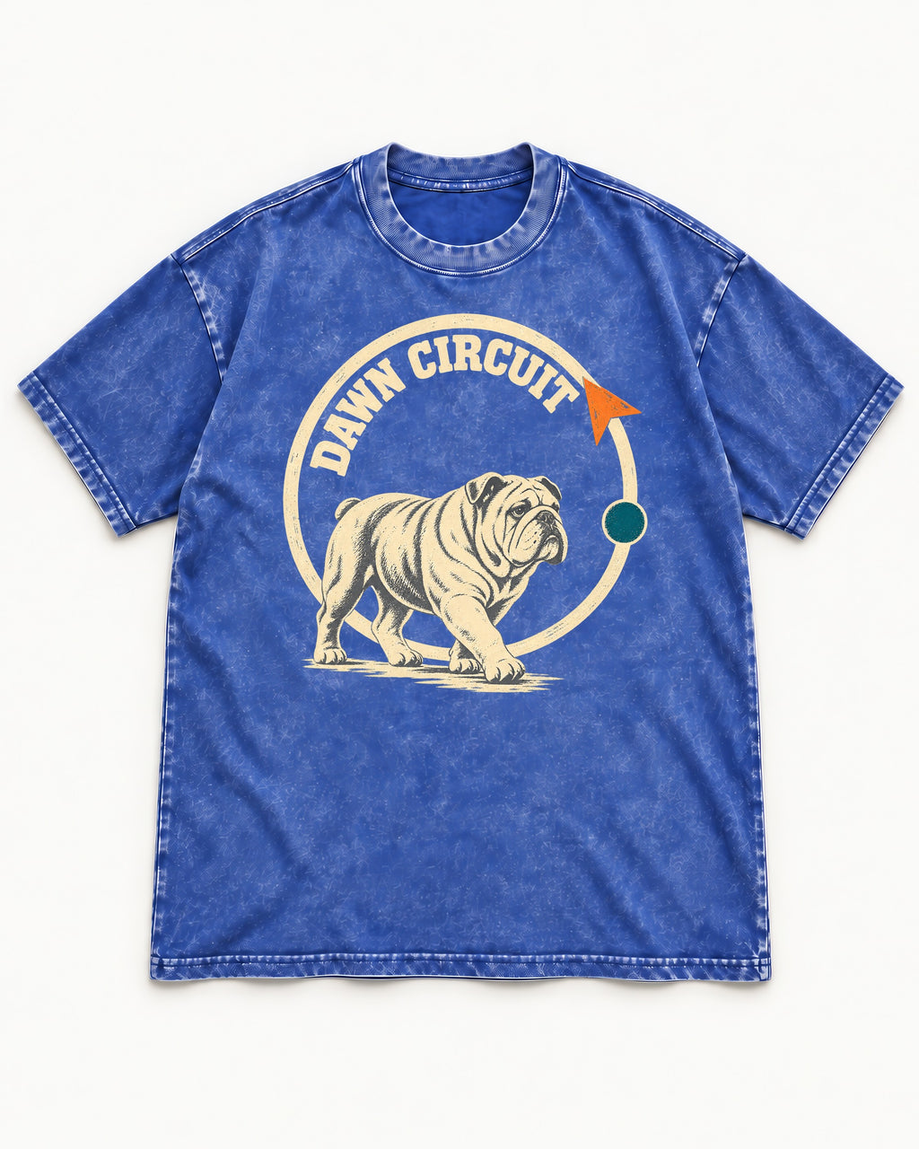 English Bulldog Dawn Circuit Emblem Washed Tee in Royal Blue, flat lay product photo