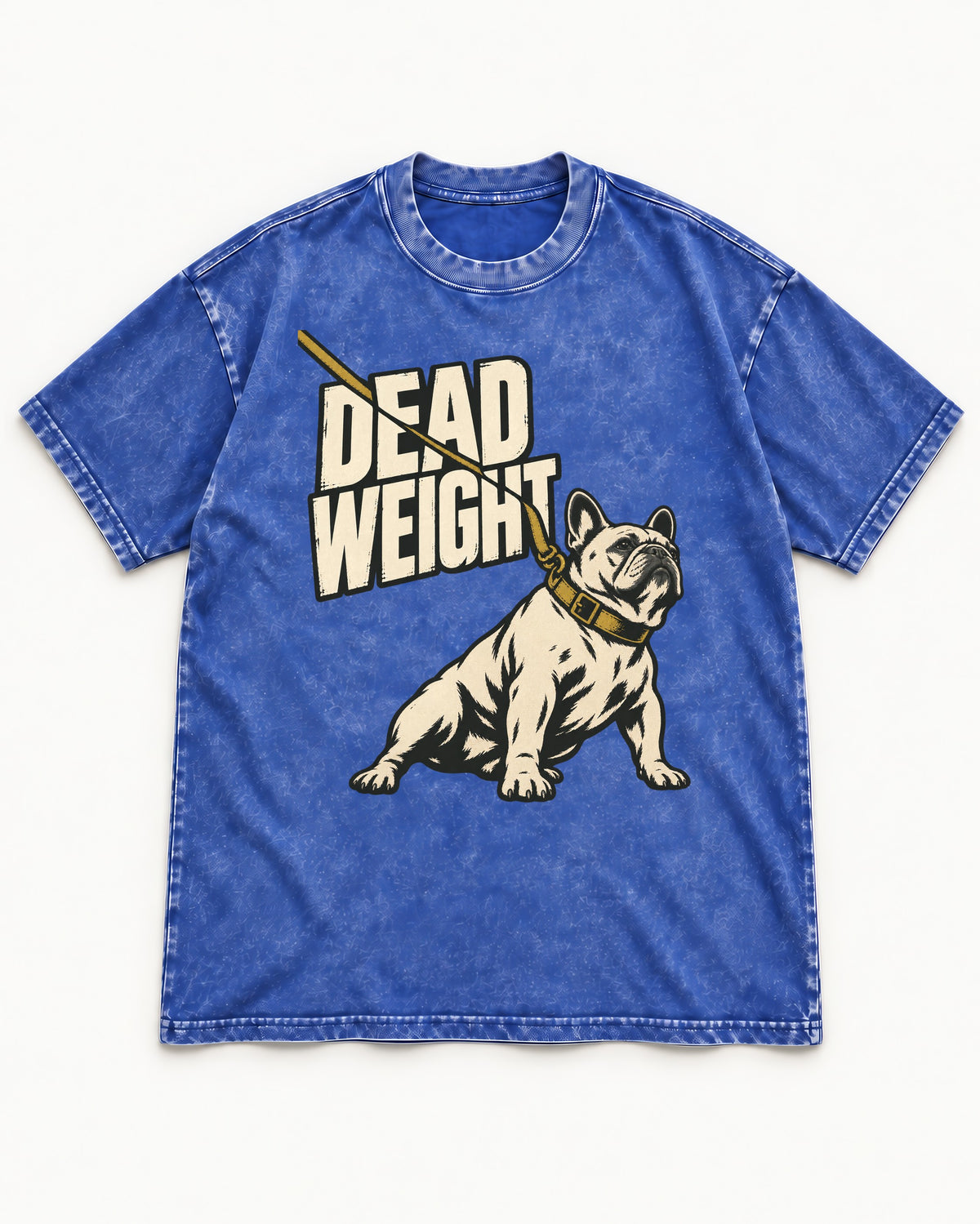 Frenchie Dead Weight Leash Graphic Washed Tee in Royal Blue, flat lay product photo