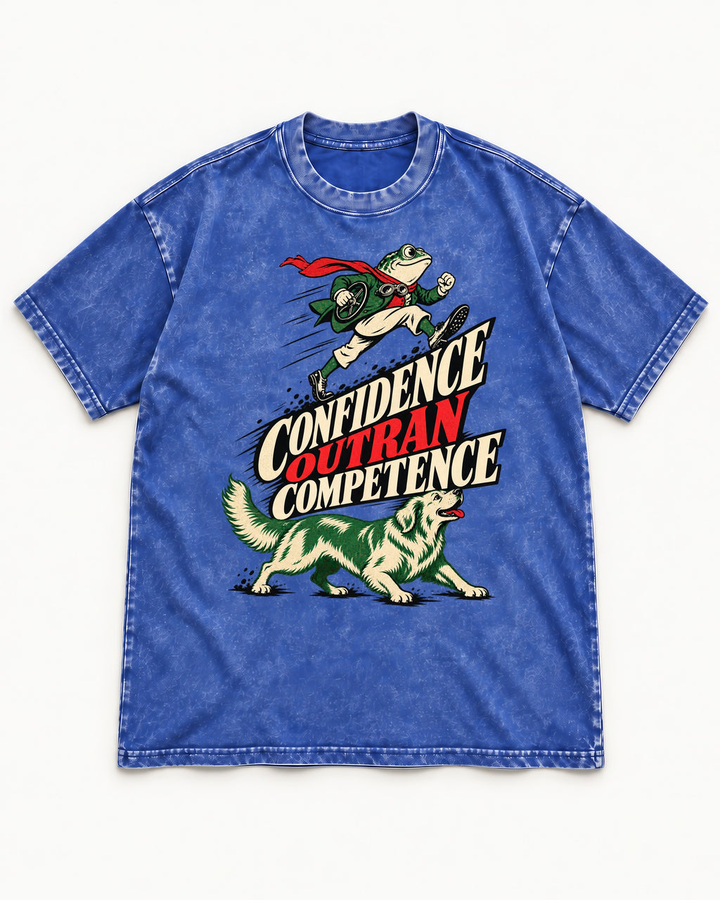 Golden Retriever Confidence Outran Competence Racing Graphic Washed Tee in Royal Blue, flat lay product photo