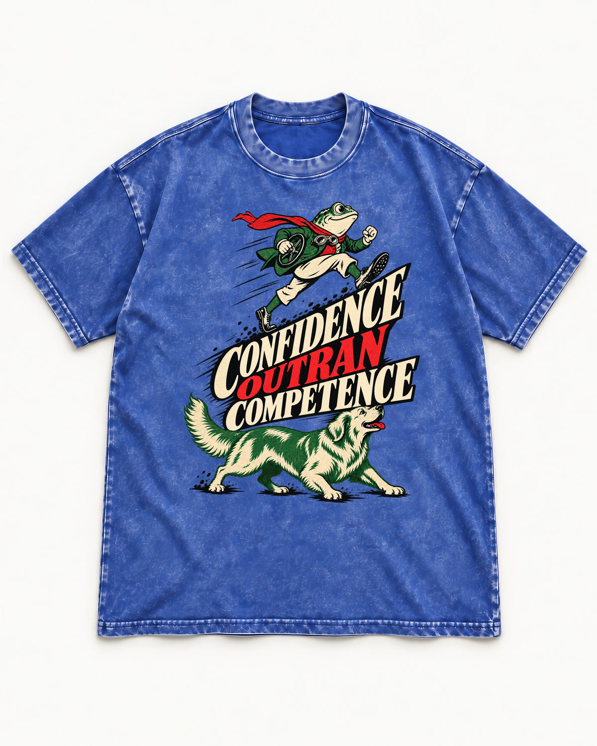 Golden Retriever Confidence Outran Competence Racing Graphic Washed Tee in Royal Blue, flat lay product photo