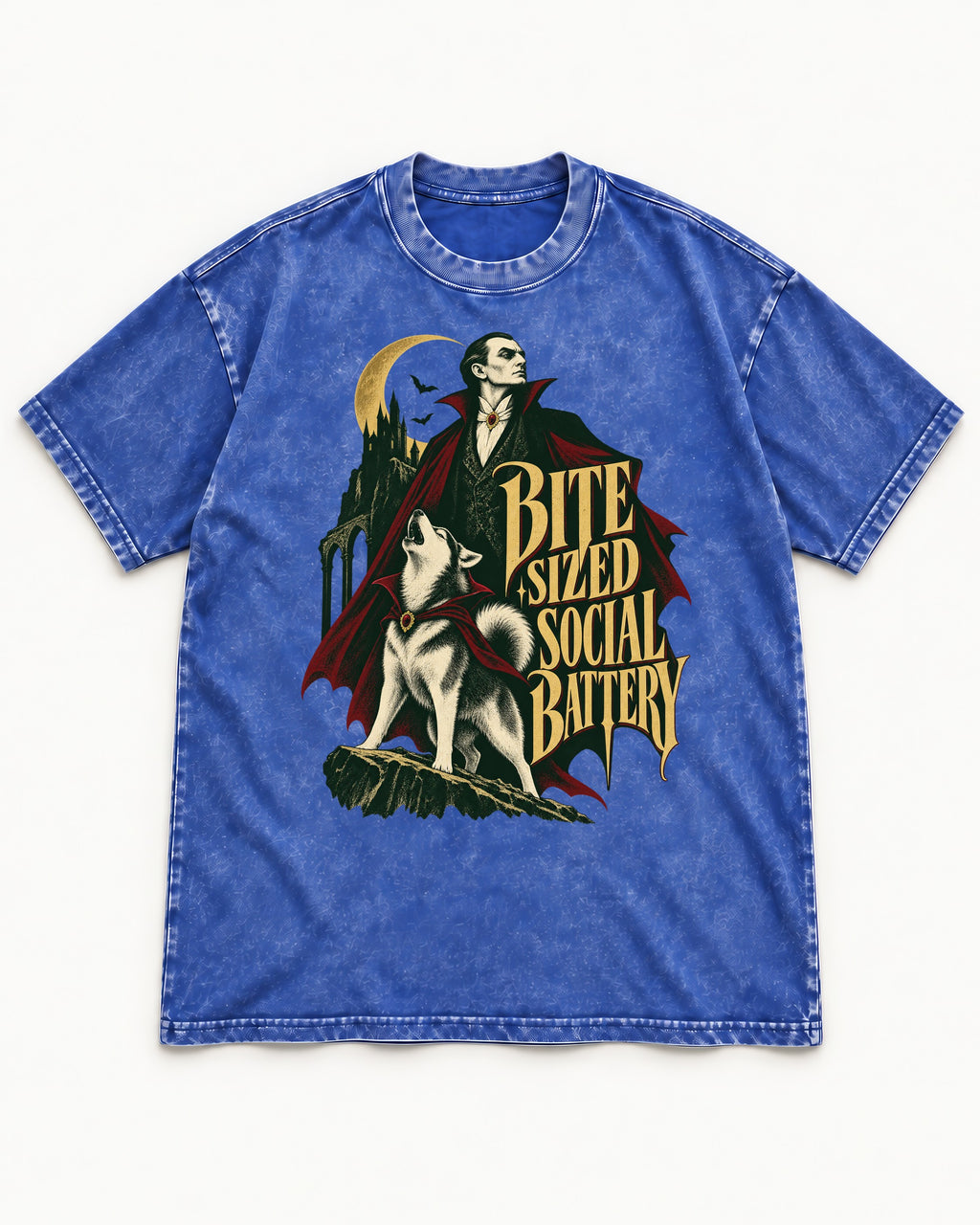Husky Bite Sized Social Battery Vampire Graphic Washed Tee in Royal Blue, flat lay product photo
