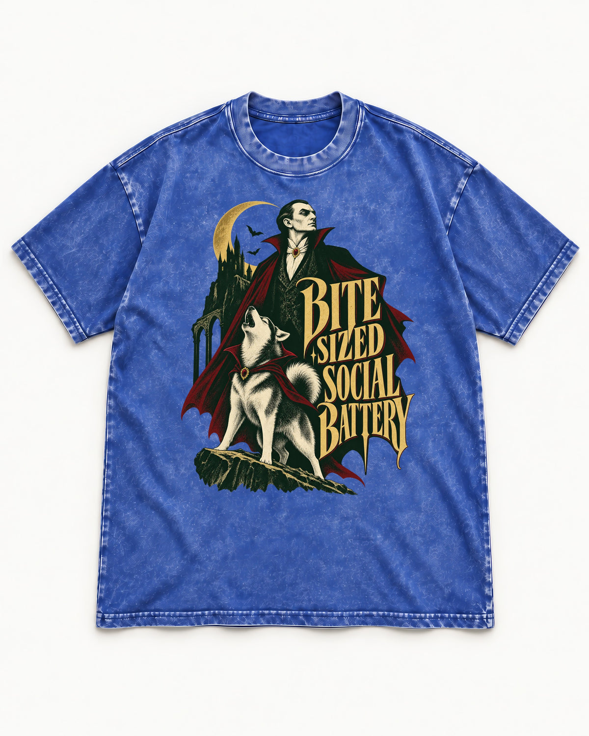 Husky Bite Sized Social Battery Vampire Graphic Washed Tee in Royal Blue, flat lay product photo