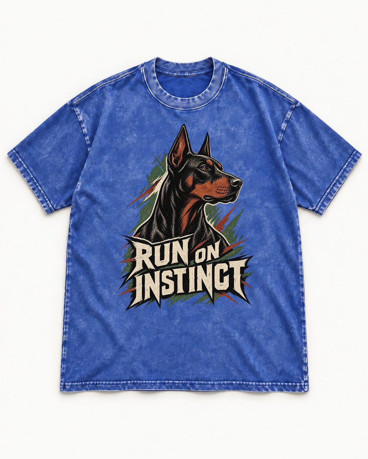 Doberman Run on Instinct Brush Slash Graphic Washed Tee in Royal Blue, flat lay product photo