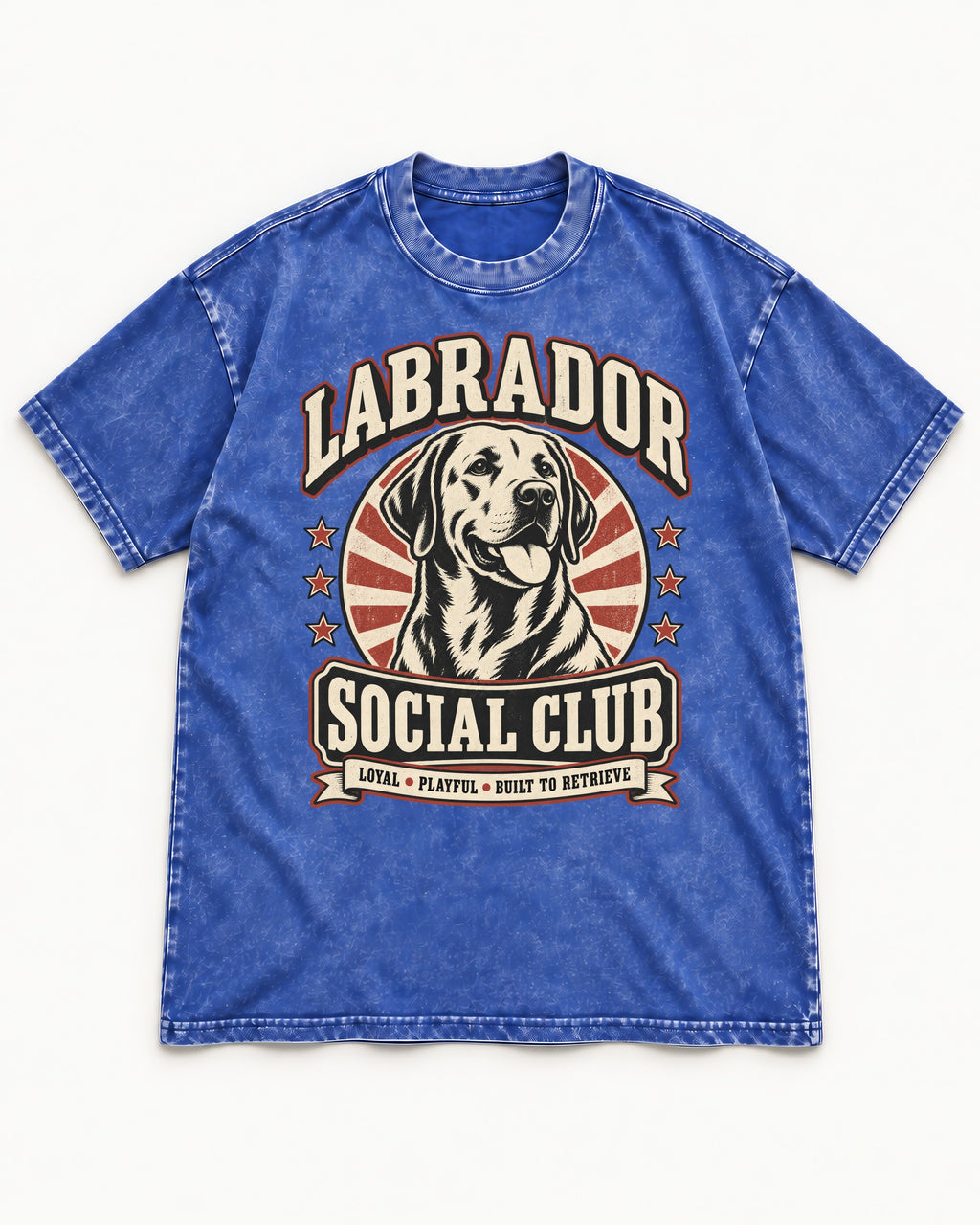 Labrador Retriever Social Club Loyal Playful Built to Retrieve Badge Graphic Washed Tee in Royal Blue, flat lay product photo
