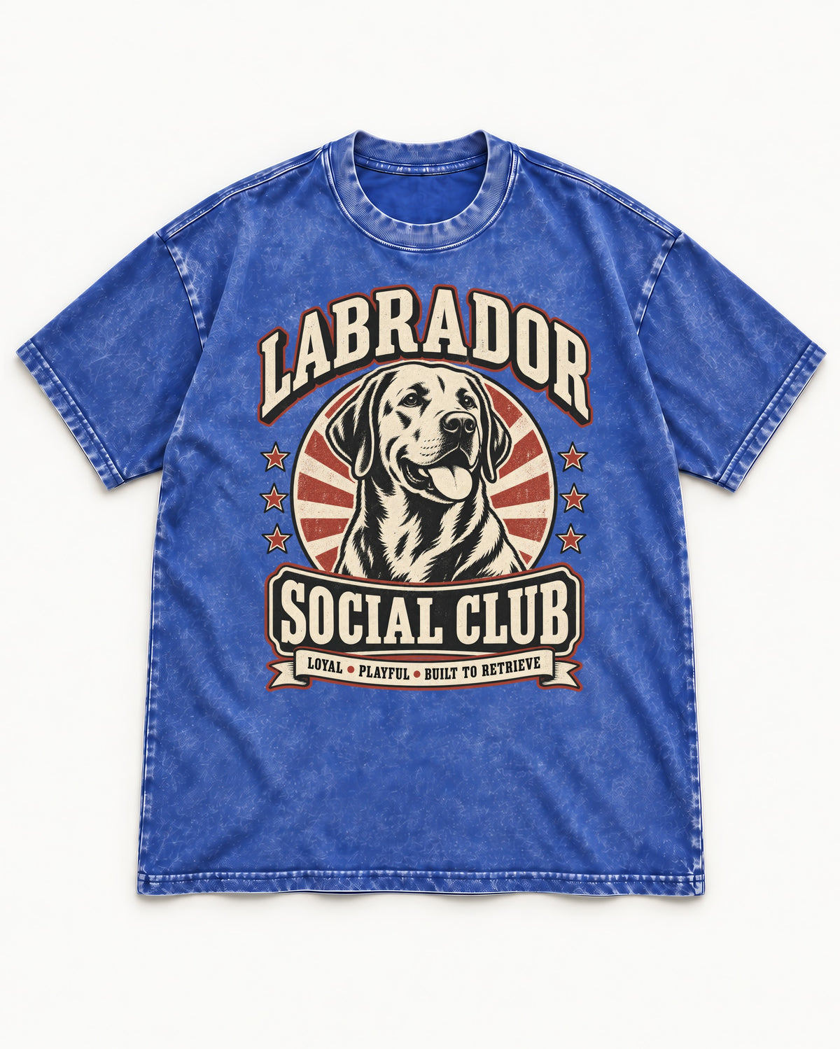Labrador Retriever Social Club Loyal Playful Built to Retrieve Badge Graphic Washed Tee in Royal Blue, flat lay product photo