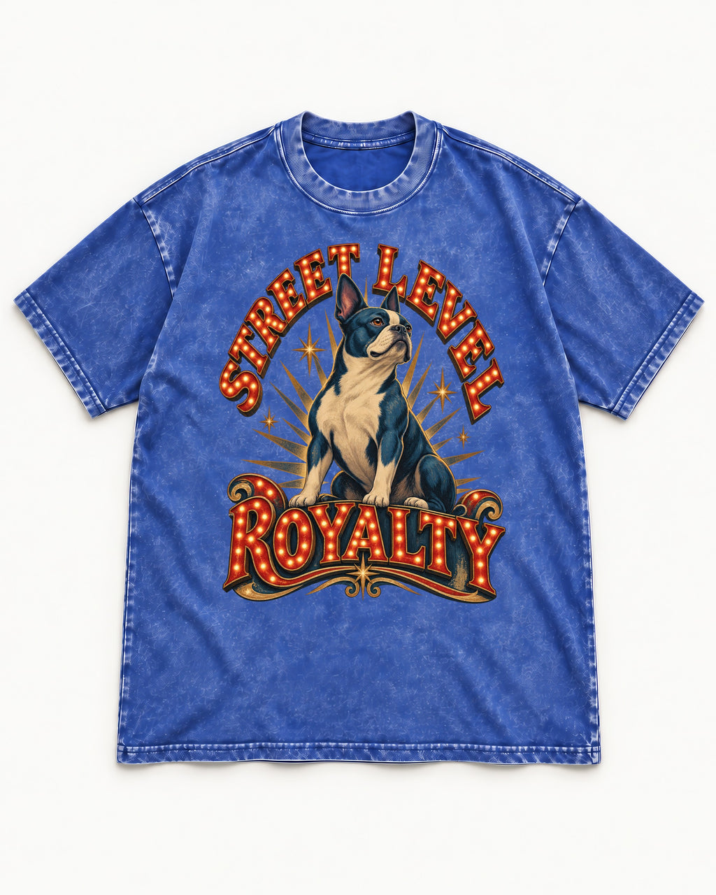 Street Level Royalty Boston Terrier Washed Tee in Royal Blue, flat lay product photo