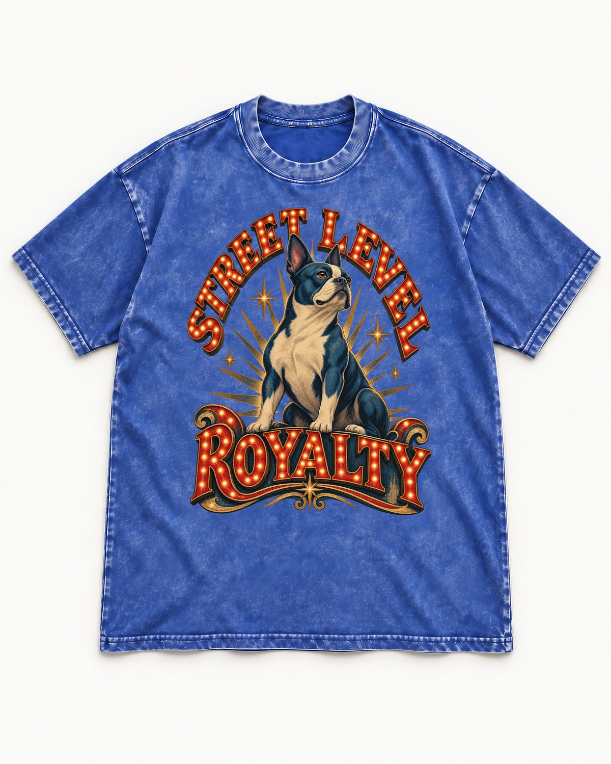 Street Level Royalty Boston Terrier Washed Tee in Royal Blue, flat lay product photo