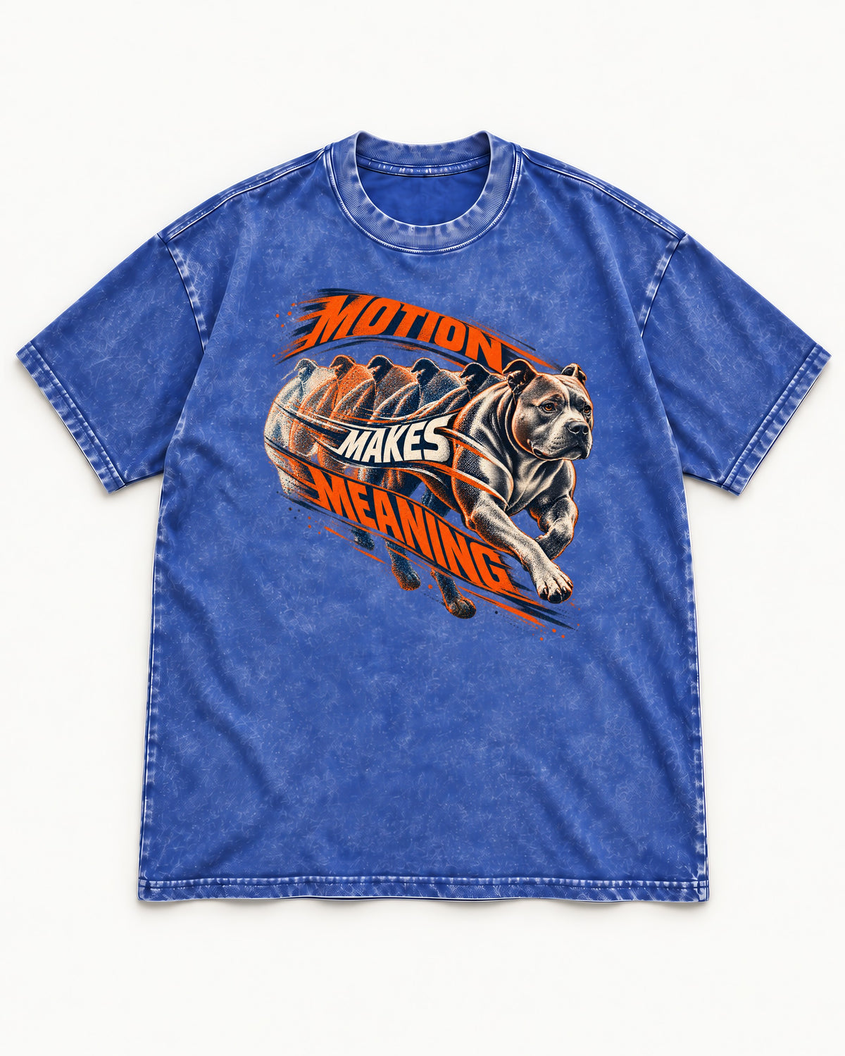Pitbull Motion Makes Meaning Running Dog Graphic Washed Tee in Royal Blue, flat lay product photo