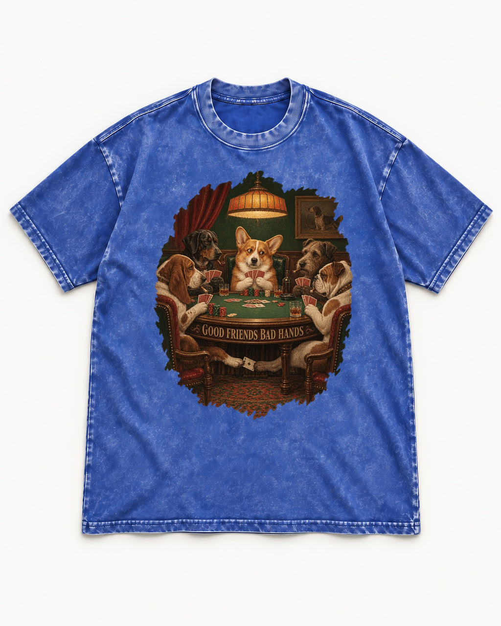 Corgi Good Friends Bad Hands Poker Night Washed Tee in Royal Blue, flat lay product photo