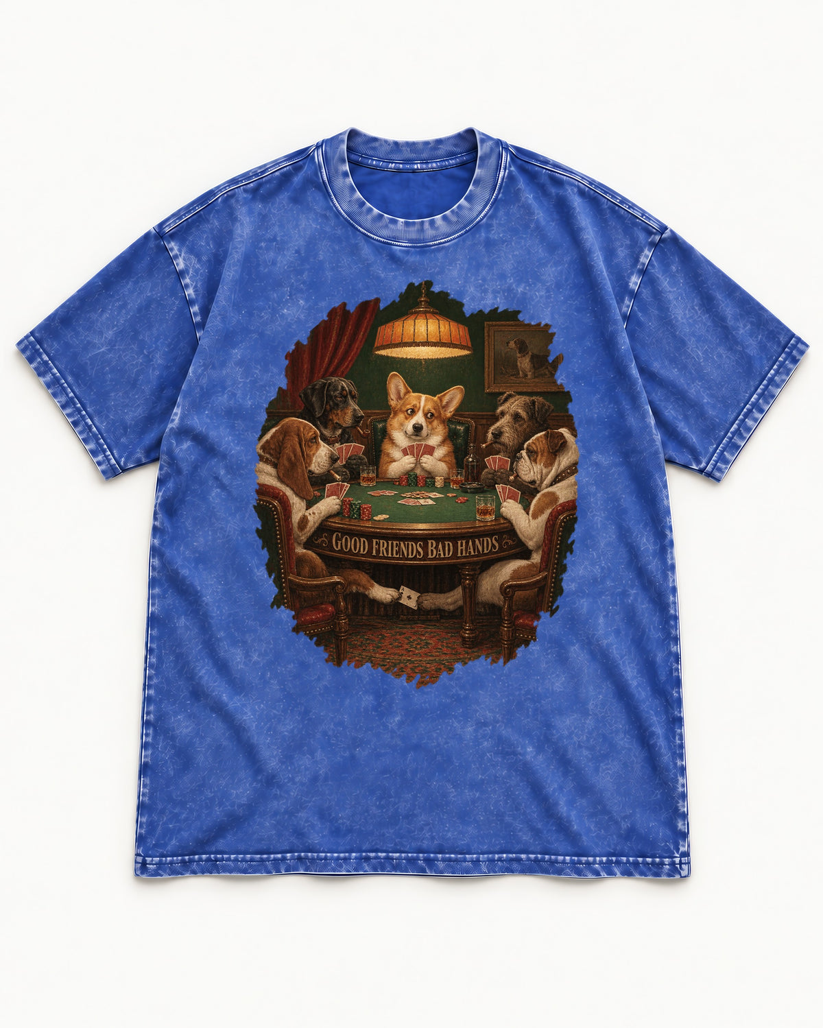 Corgi Good Friends Bad Hands Poker Night Washed Tee in Royal Blue, flat lay product photo