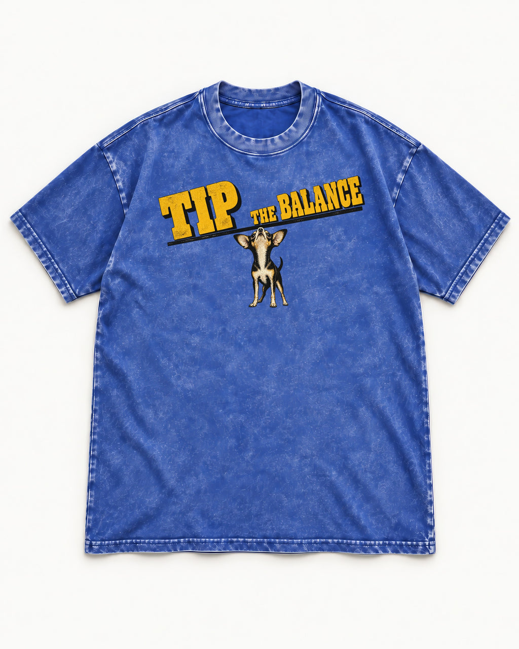 Chihuahua Tip the Balance Beam Graphic Washed Tee in Royal Blue, flat lay product photo