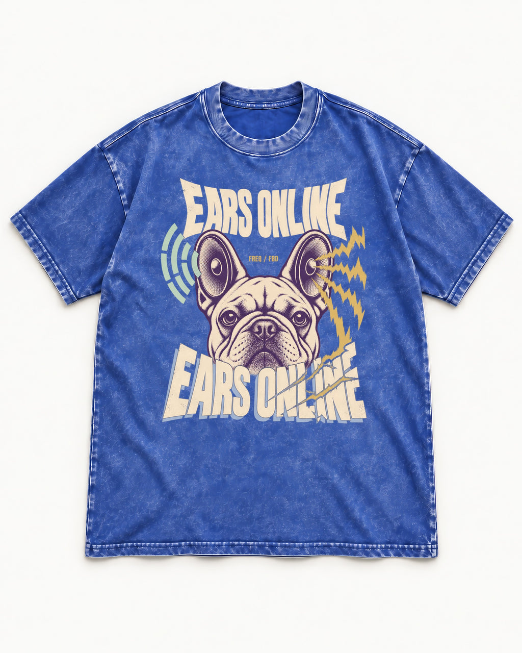 Frenchie Ears Online Audio Signal Graphic Washed Tee in Royal Blue, flat lay product photo
