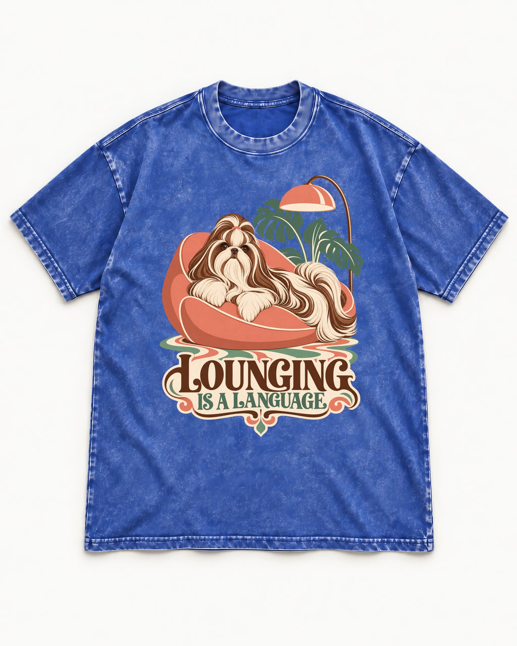 Shih Tzu Lounging Is a Language Retro Lounge Graphic Washed Tee in Royal Blue, flat lay product photo