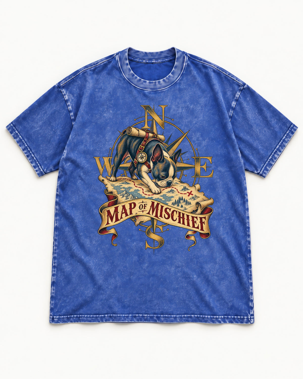 Map of Mischief Boston Terrier Washed Tee in Royal Blue, flat lay product photo