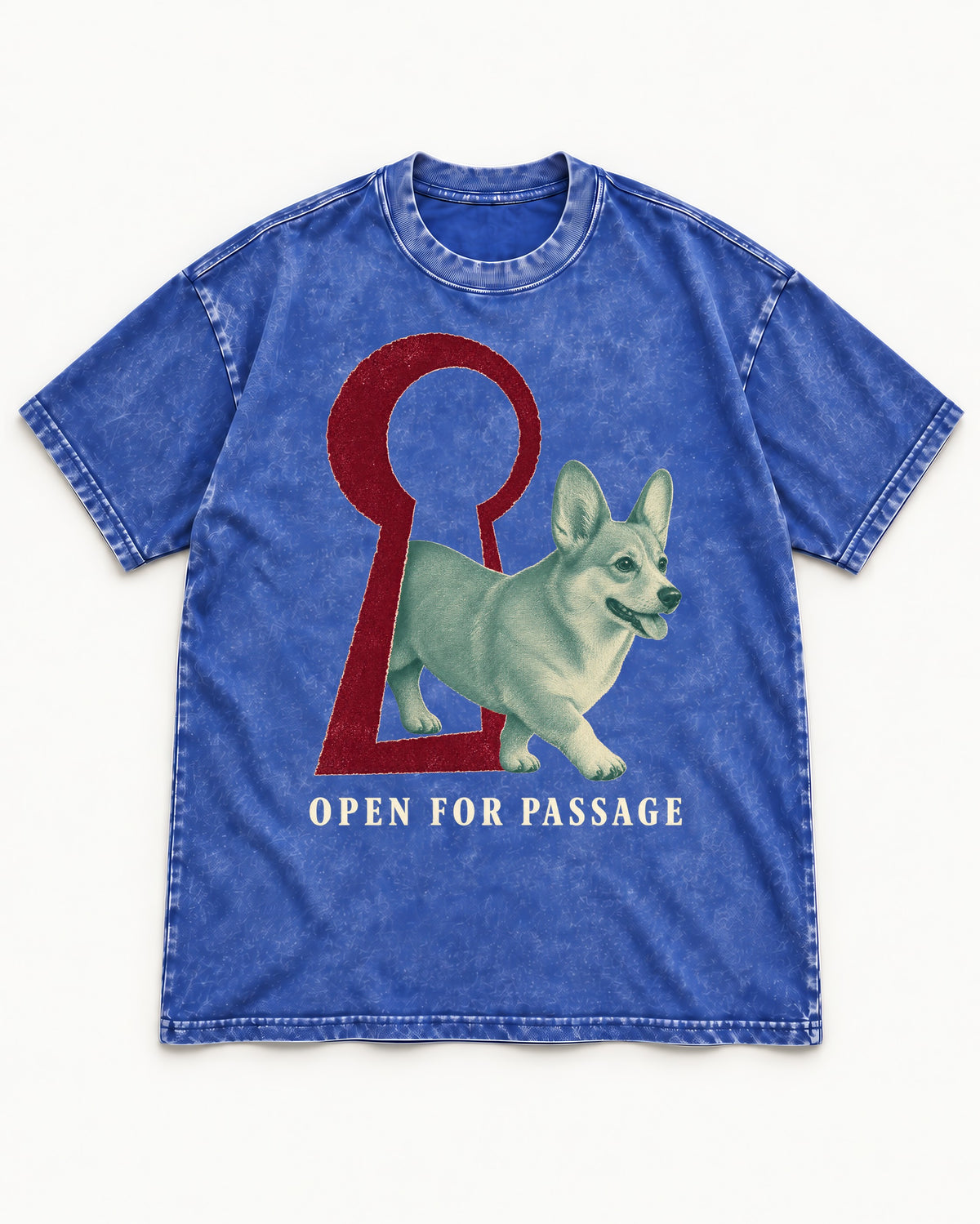 Corgi Open for Passage Keyhole Graphic Washed Tee in Royal Blue, flat lay product photo