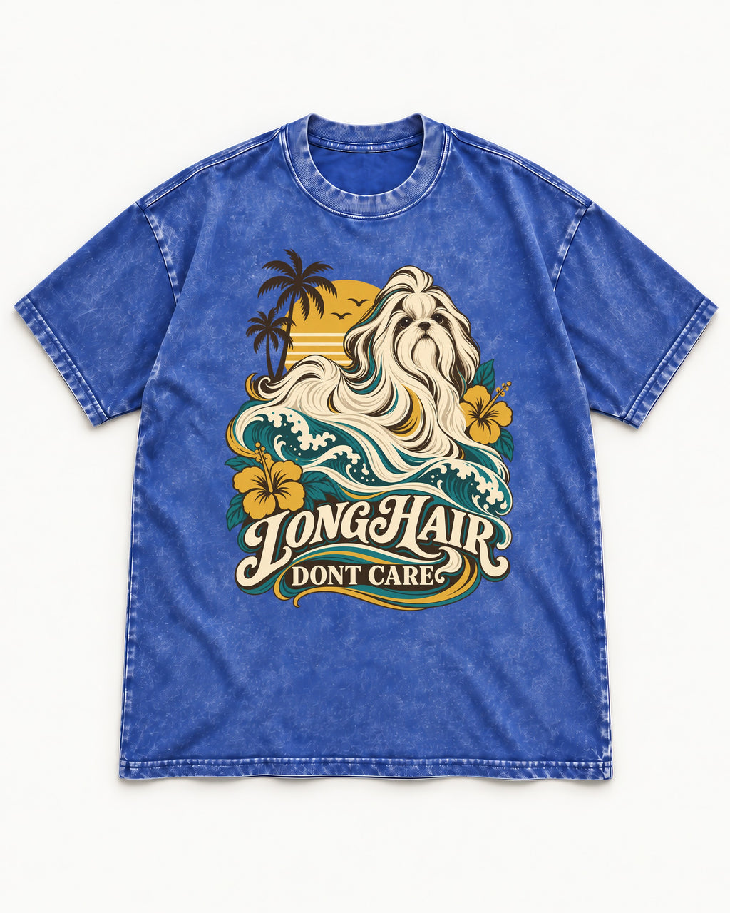 Shih Tzu Long Hair Don't Care Tropical Wave Graphic Washed Tee in Royal Blue, flat lay product photo