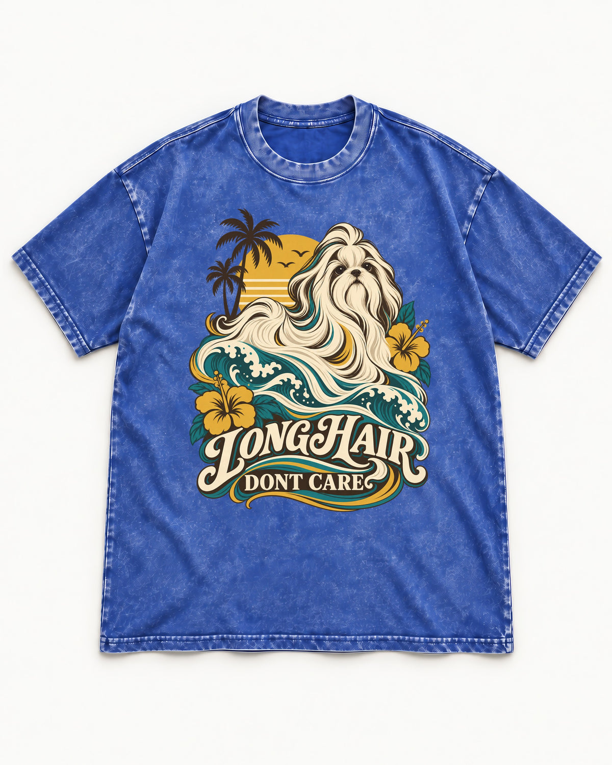 Shih Tzu Long Hair Don't Care Tropical Wave Graphic Washed Tee in Royal Blue, flat lay product photo