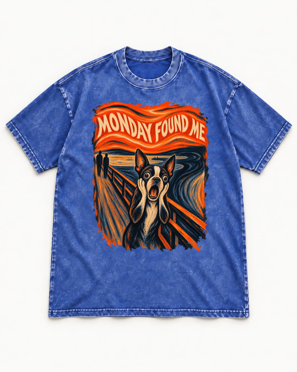 Monday Found Me Boston Terrier Scream Graphic Washed Tee in Royal Blue, flat lay product photo