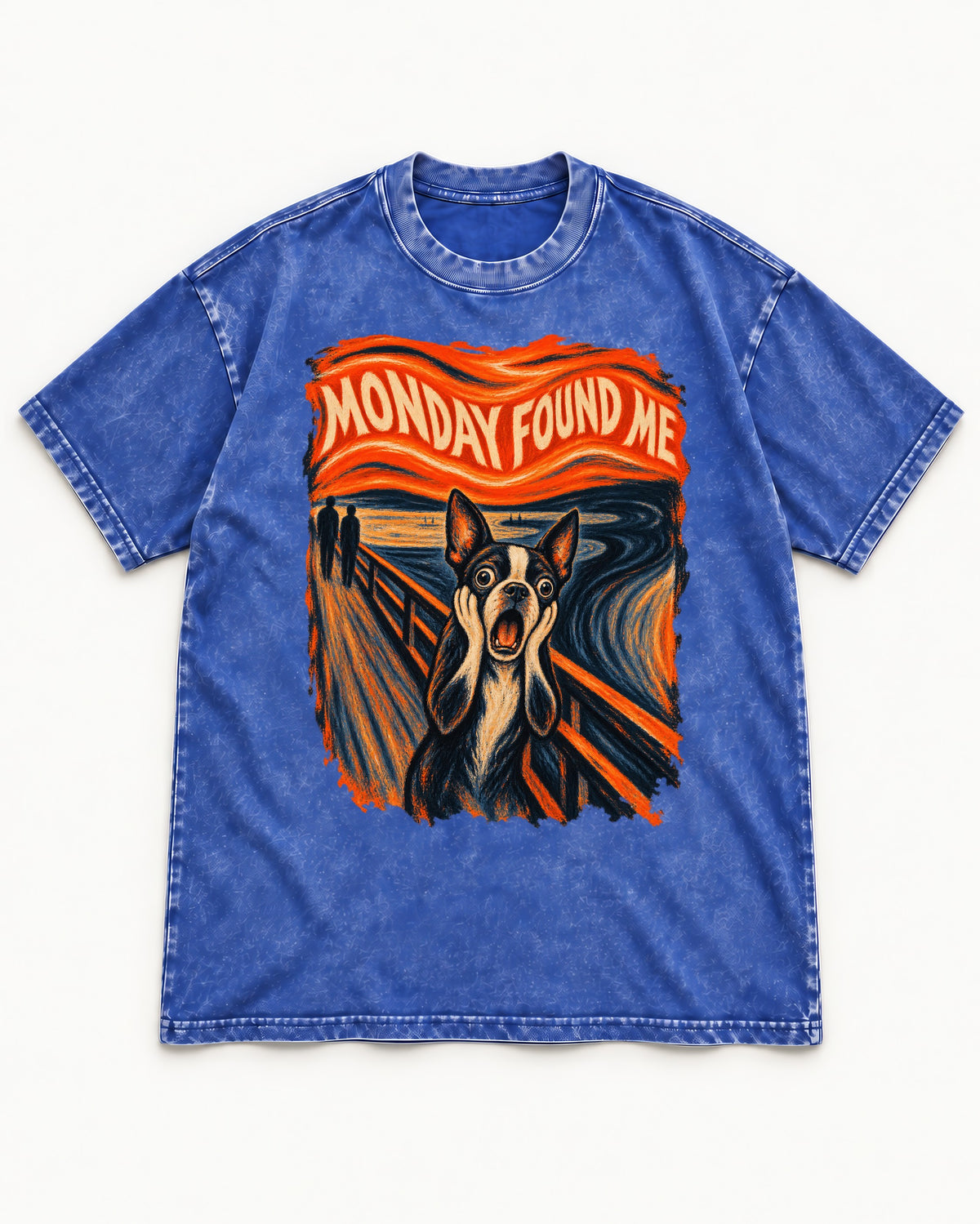 Monday Found Me Boston Terrier Scream Graphic Washed Tee in Royal Blue, flat lay product photo
