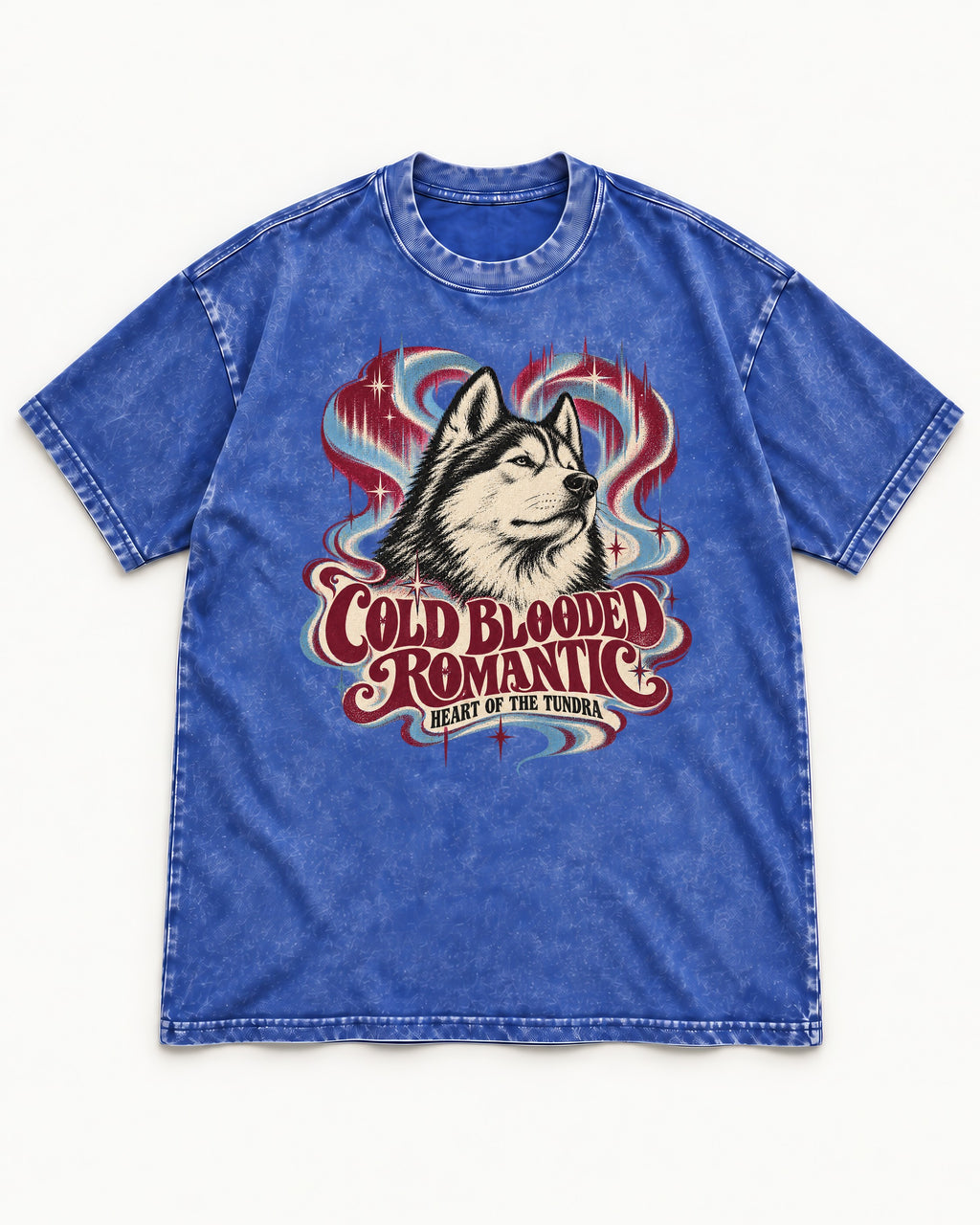 Husky Cold Blooded Romantic Heart of the Tundra Graphic Washed Tee in Royal Blue, flat lay product photo