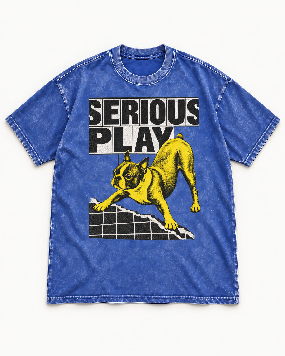 Boston Terrier Serious Play Agility Graphic Washed Tee in Royal Blue, flat lay product photo