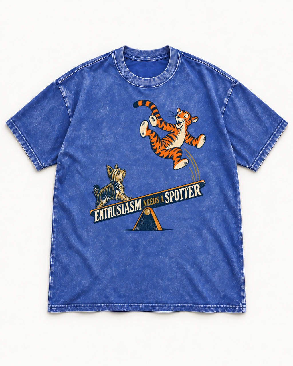 Yorkshire Terrier Enthusiasm Needs a Spotter Seesaw Graphic Washed Tee in Royal Blue, flat lay product photo