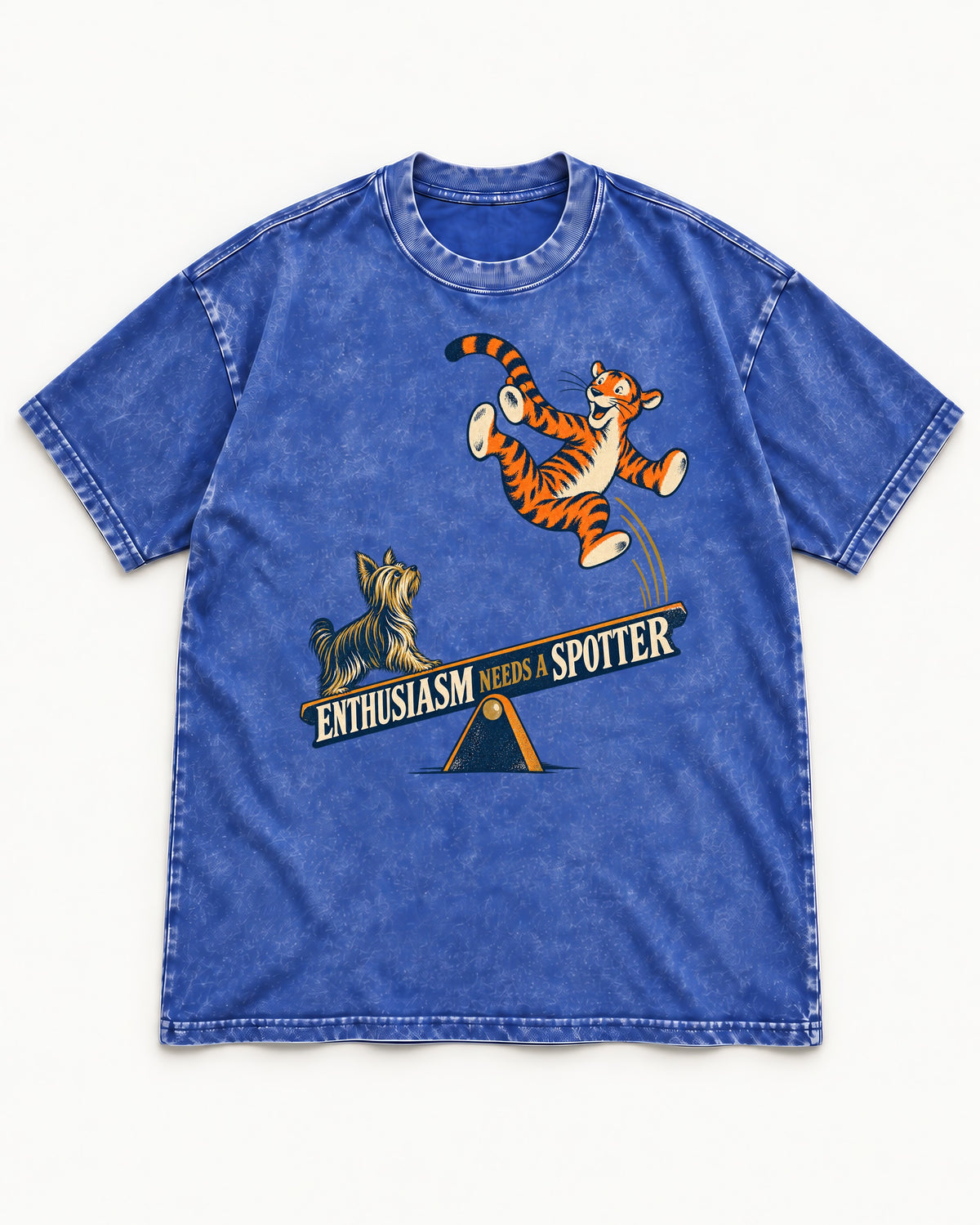 Yorkshire Terrier Enthusiasm Needs a Spotter Seesaw Graphic Washed Tee in Royal Blue, flat lay product photo