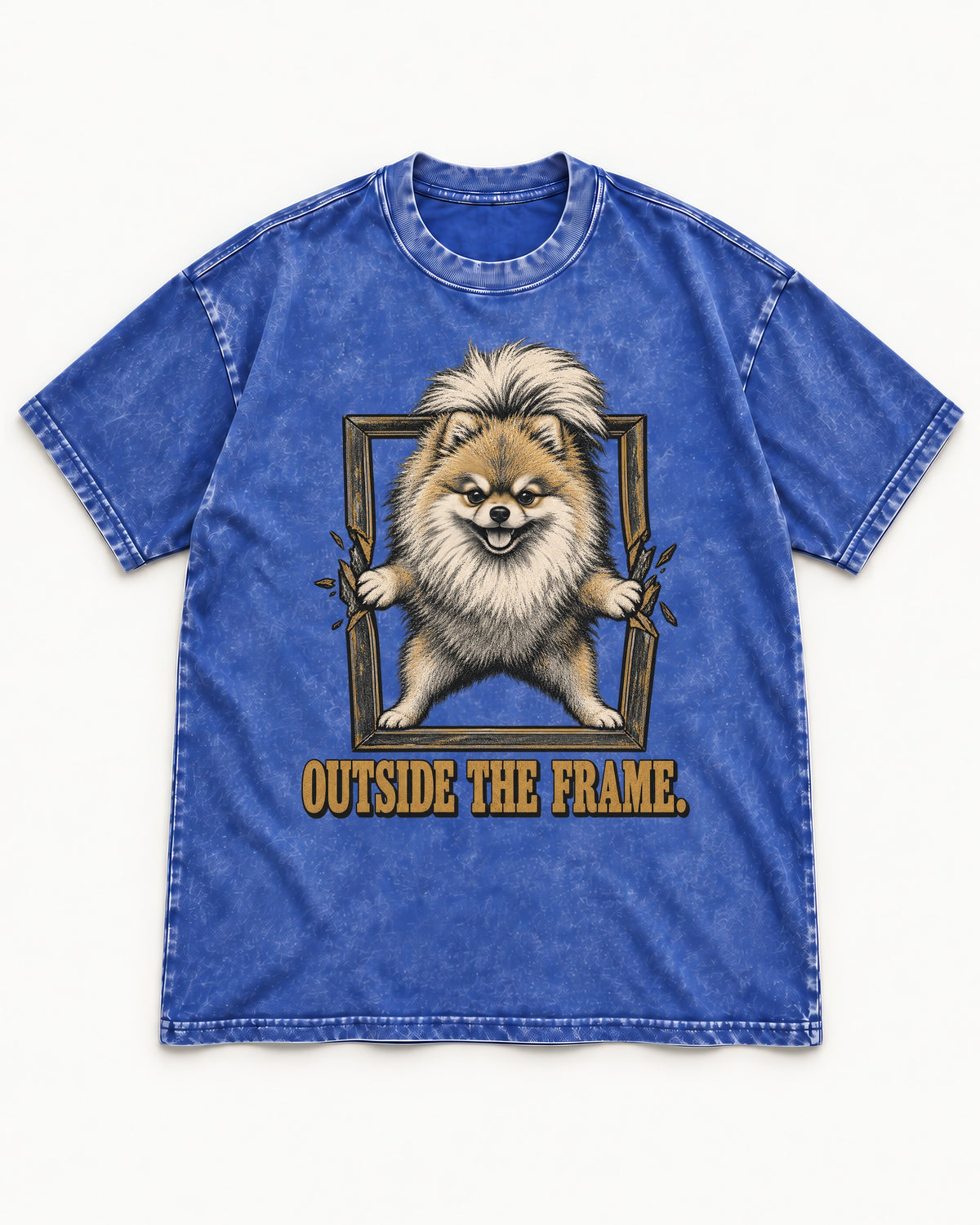 Pomeranian Outside the Frame Breakthrough Graphic Washed Tee in Royal Blue, flat lay product photo
