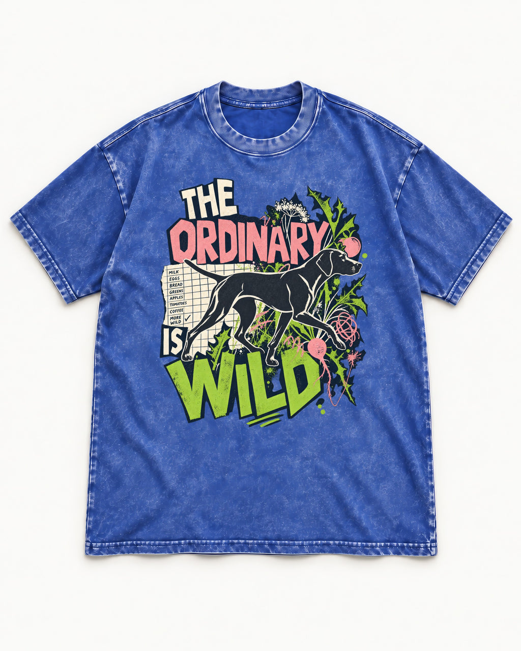 German Shorthaired Pointer The Ordinary Is Wild Grocery List Graphic Washed Tee in Royal Blue, flat lay product photo