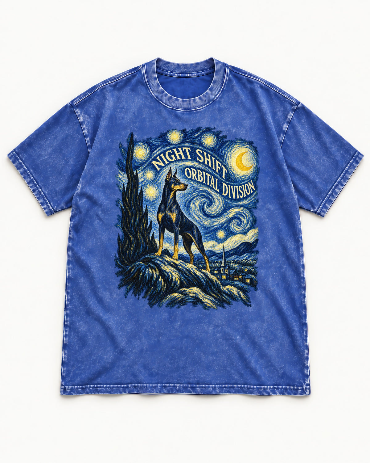 Doberman Night Shift Orbital Division Starry Night Graphic Washed Tee in Royal Blue, flat lay product photo