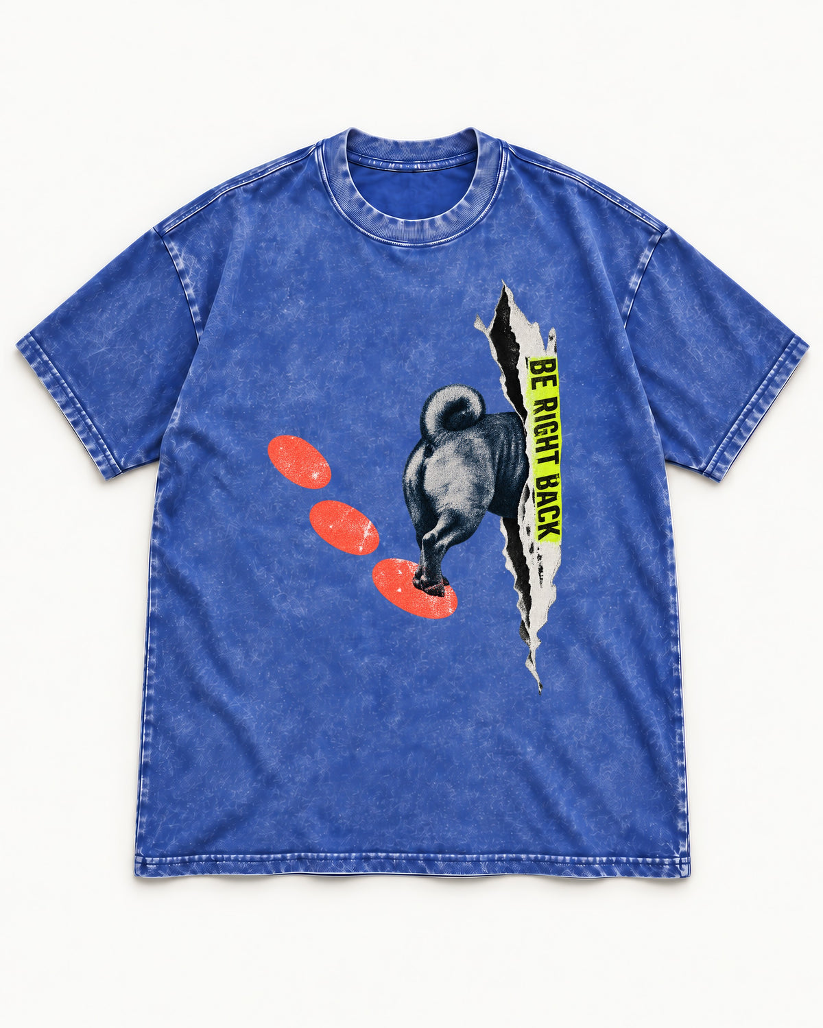 Pug Be Right Back Torn Portal Graphic Washed Tee in Royal Blue, flat lay product photo