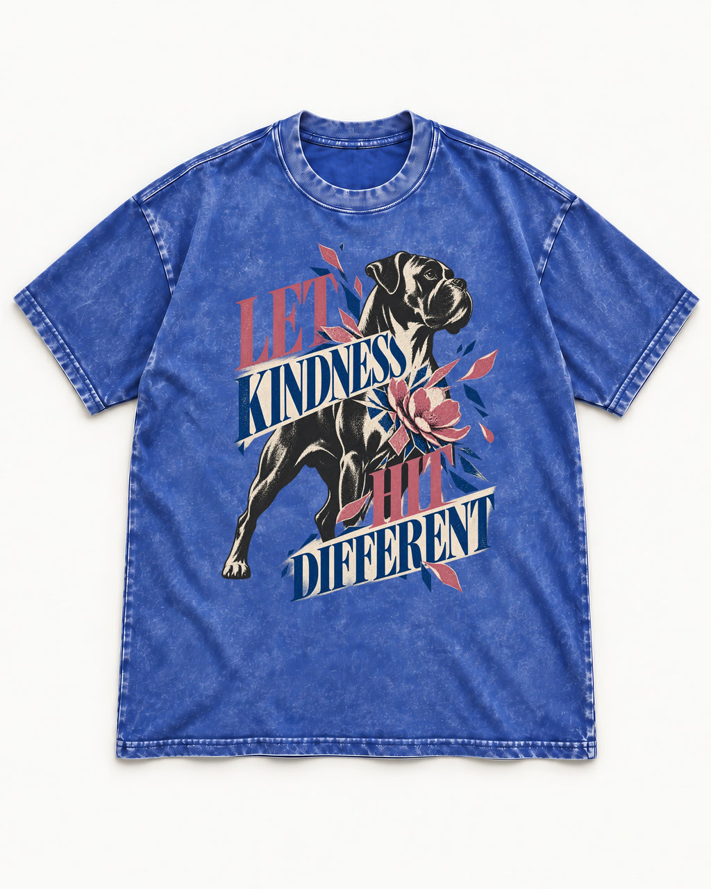 Let Kindness Hit Different Boxer Floral Collage Washed Tee in Royal Blue, flat lay product photo