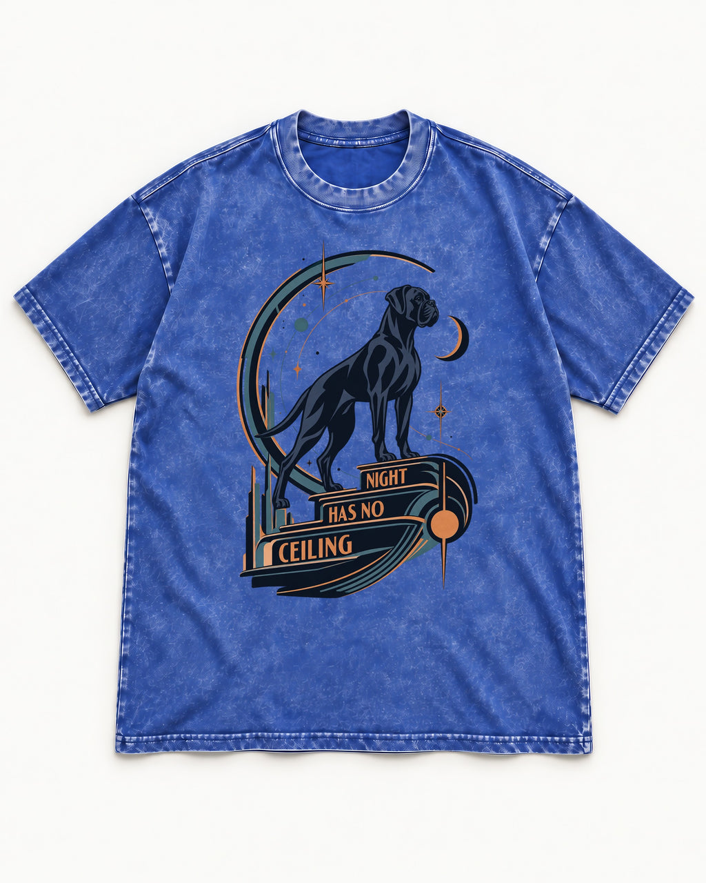 Night Has No Ceiling Boxer Cosmic Graphic Washed Tee in Royal Blue, flat lay product photo