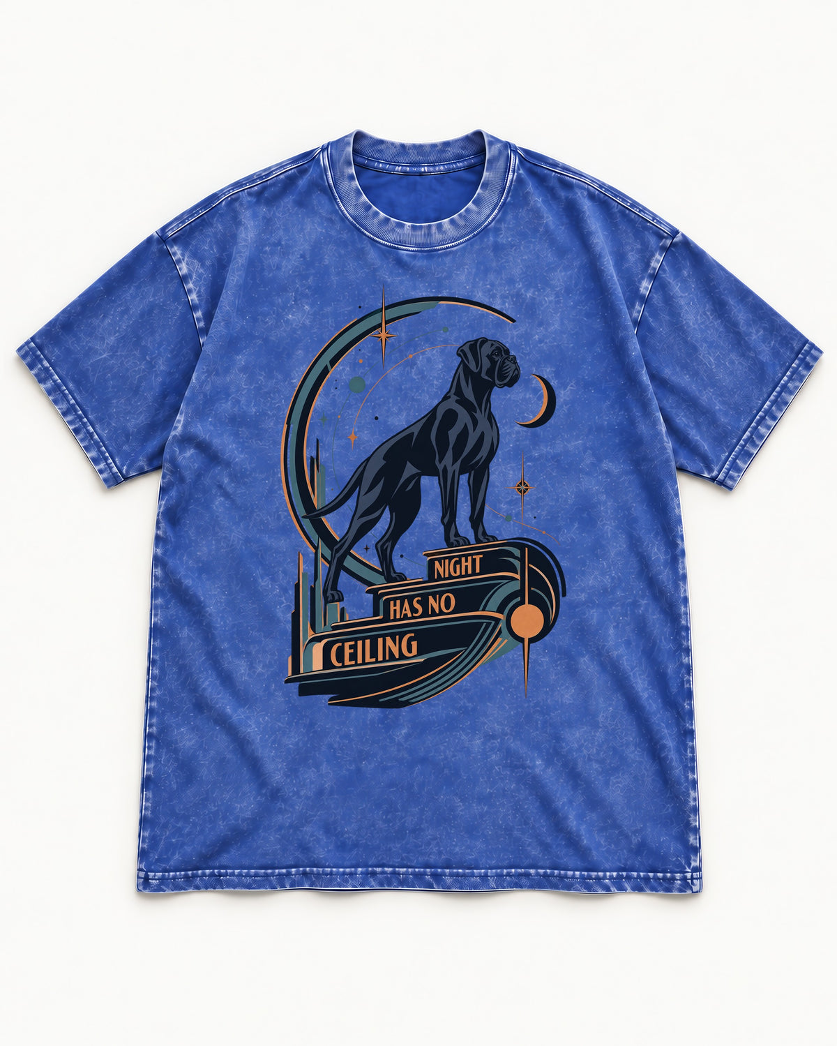 Night Has No Ceiling Boxer Cosmic Graphic Washed Tee in Royal Blue, flat lay product photo