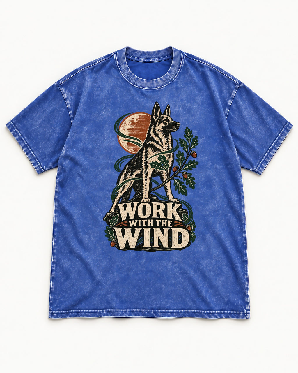 Work With The Wind Botanical Woodcut German Shepherd Dog Graphic Washed Tee in Royal Blue, flat lay product photo